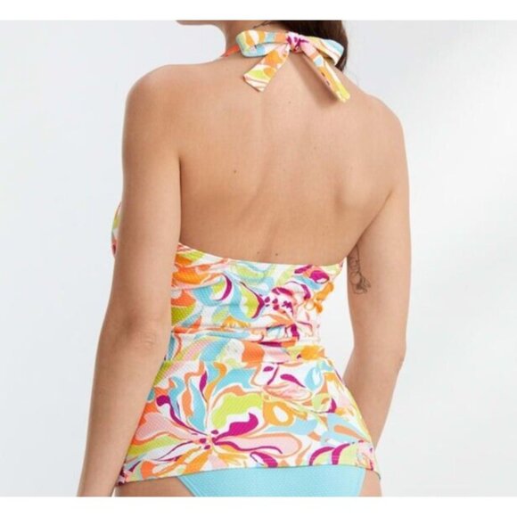 Birdsong Size 38DD Ruffle Halter Underwire Tankini Swim Top Ruched Groovy Print - Picture 3 of 12